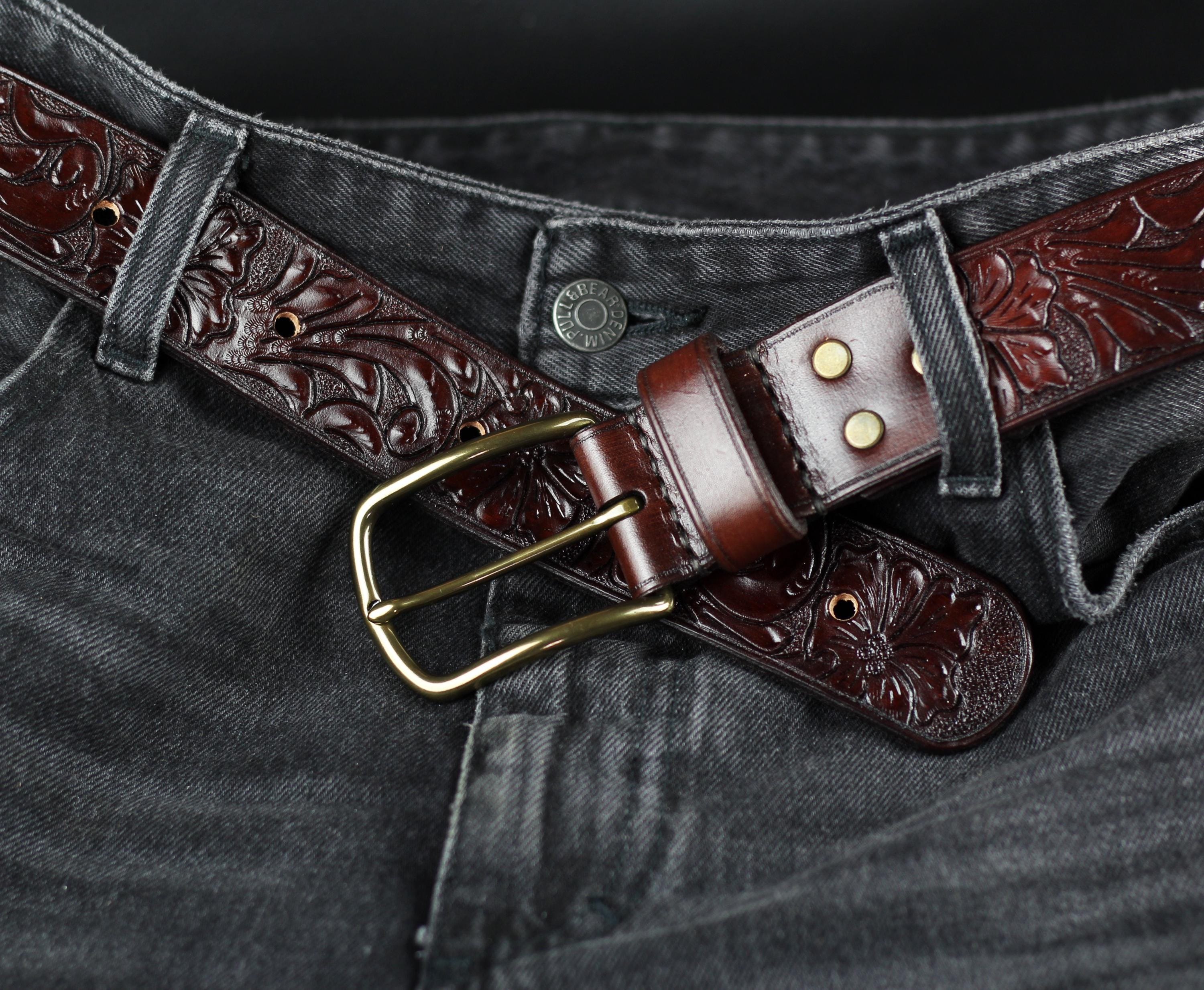 Hand-carved Floral Brown Leather Belt: Italian Brass Buckle  display picture 1