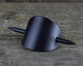 Black oval hair barrette, Hair clip with wooden stick, Leather accessories, Great gift.