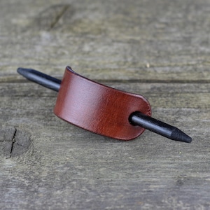 Small hair barrette, Brown hair clip with wooden stick, Leather accessories, Great gift.