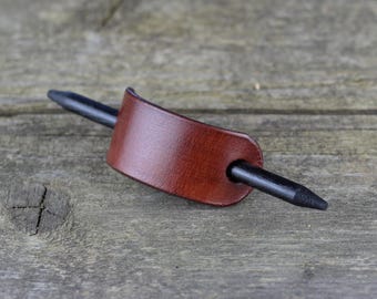 Handcrafted Leather Hair Slide: Brown Barrette with Black Wooden Stick