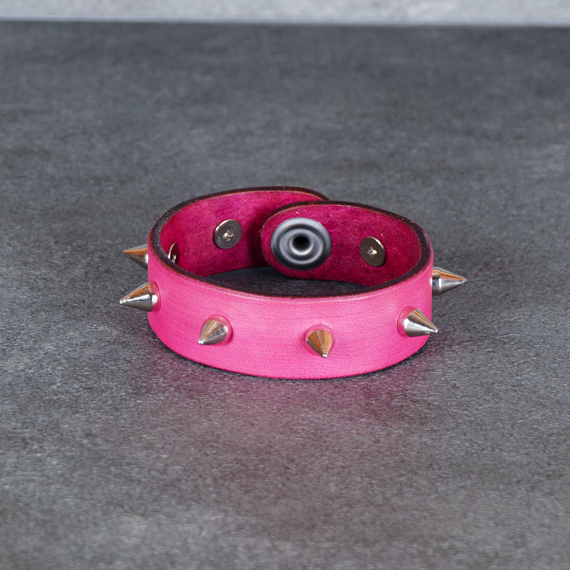 Handmade Pink Leather Studded Cuff Bracelet: Rock and Roll