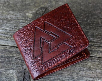Cartera de cuero Valknut: símbolo vikingo nórdico, hecha a mano