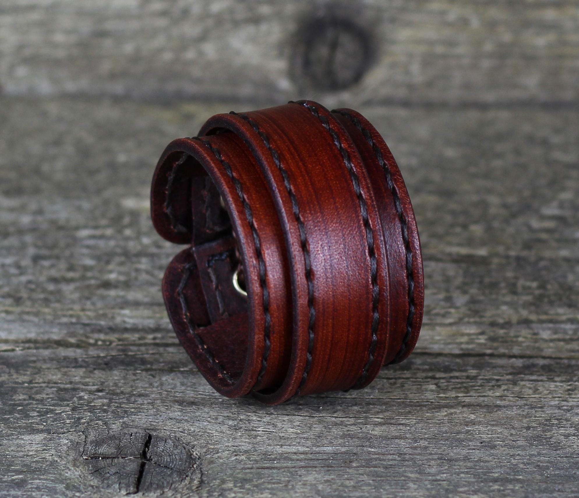 Men's Brown Leather Cuff Bracelet With Copper Clasps - Adjustable 8.5-10.5 Inch, Wide Biker Style