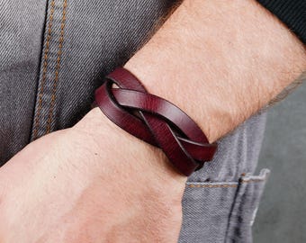 Handmade Braided Burgundy Leather Cuff Bracelet