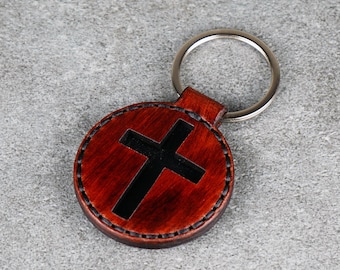 Llavero de cruz de cuero hecho a mano: Regalo religioso cristiano. Llavero personalizado.