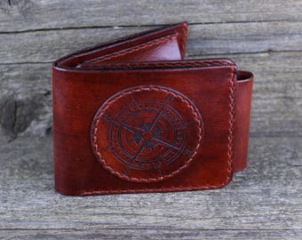 Handmade Leather Wallet: Compass Design, 9 Card Slots