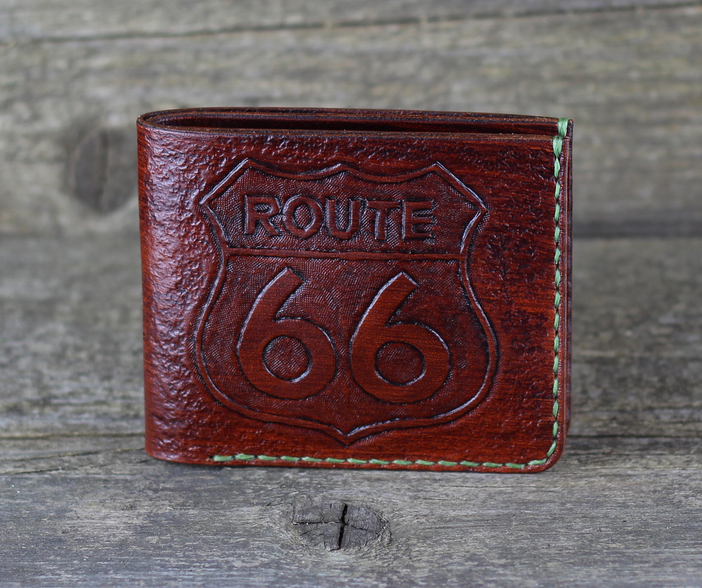 Handmade Leather Wallet: Route 66 Embossed, Credit Card Holder - Etsy