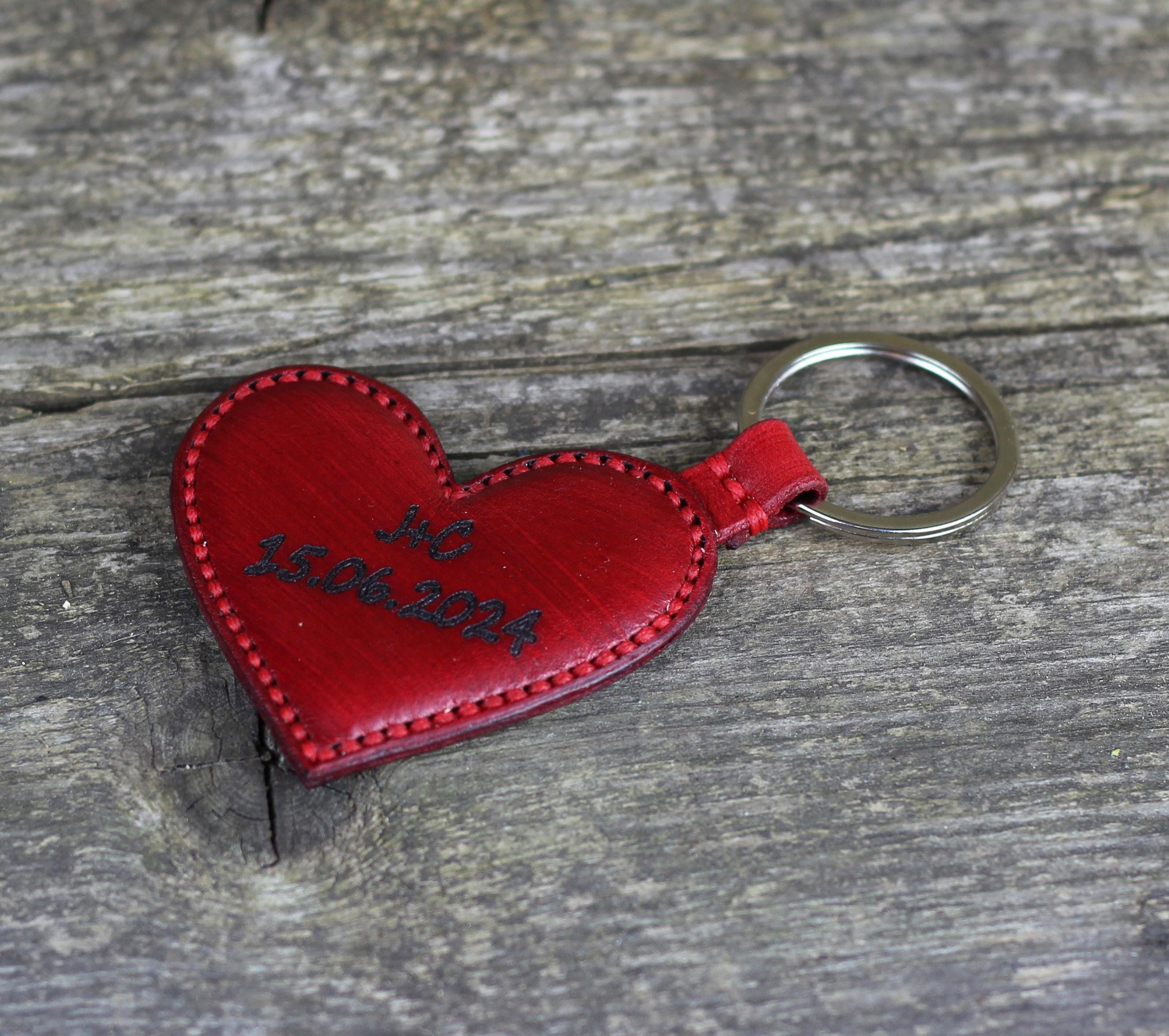 Personalized Red Leather Heart Keychain, Anniversary Gift - Etsy