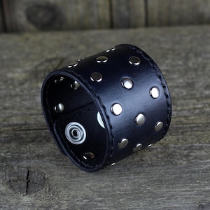 Handmade Leather Cuff Bracelet: Riveted Wide Band, Unisex Design