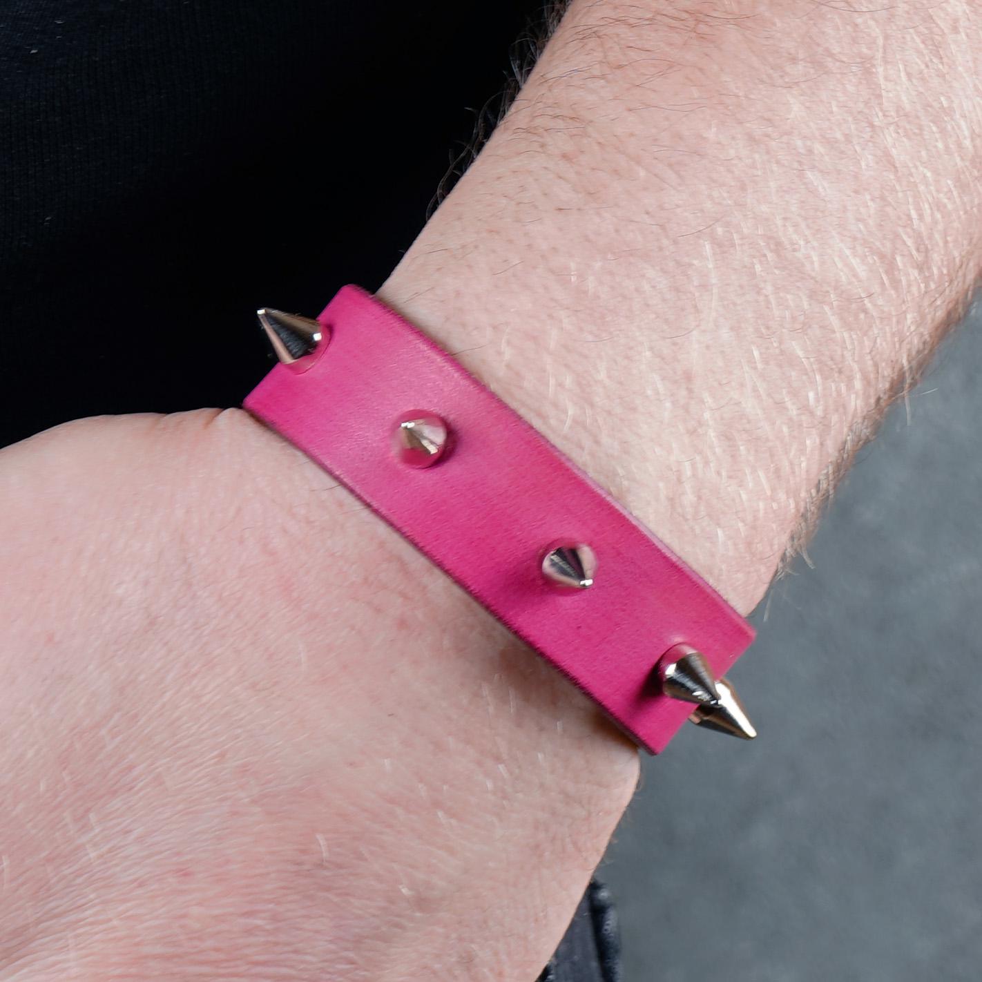 Handmade Pink Leather Studded Cuff Bracelet: Rock and Roll