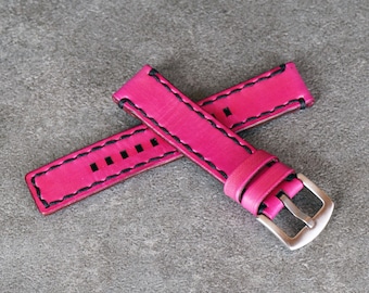 Correa de reloj de cuero rosa hecha a mano de 18-24 mm: hebilla de acero inoxidable