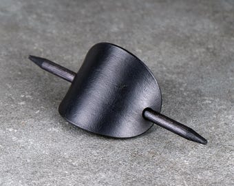 Handcrafted Black Leather Hair Barrette with Wooden Stick