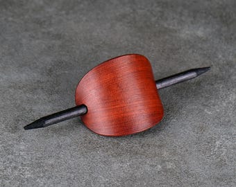 Brown Leather Hair Barrette with Wooden Stick: Handcrafted Hair Clip