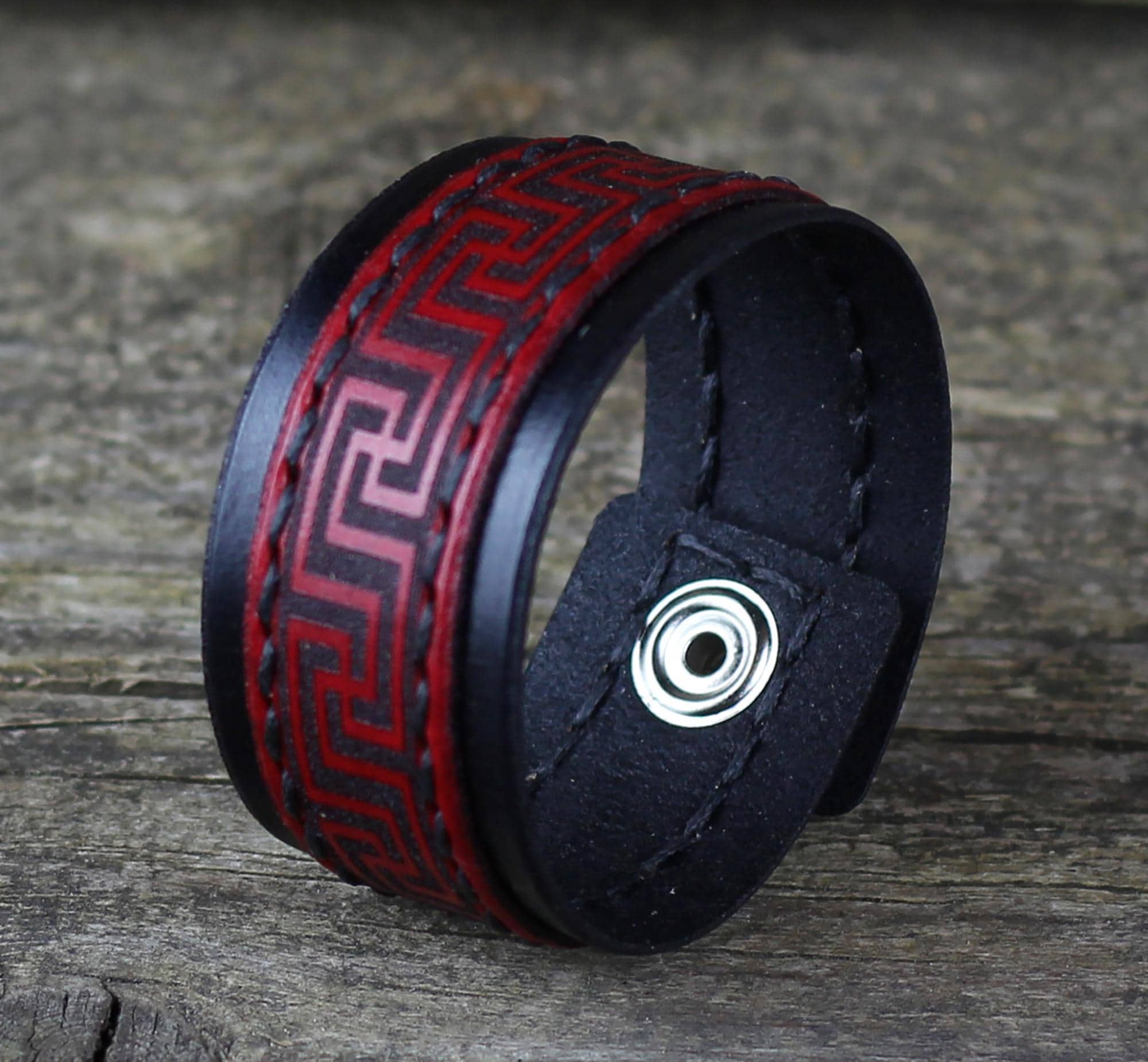 Handmade Black & Red Leather Cuff Bracelet: Geometric Design