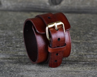 Handmade Brown Leather Cuff Bracelet: Brass Buckle, Italian Leather