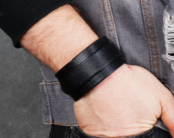 Handmade Black Leather Cuff Bracelet: Rocker Style