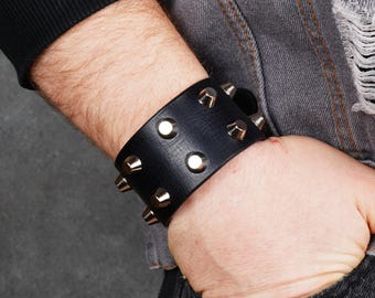 Brazalete de cuero negro de 4 cm de ancho – Pulsera punk hecha a mano