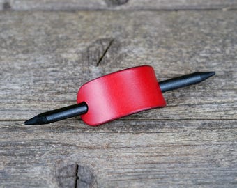 Handcrafted Red Leather Hair Slide with Wooden Stick