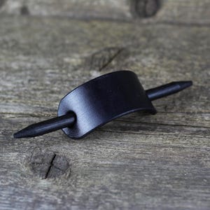 Small hair barrette, Black hair clip with wooden stick, Leather accessories, Great gift.