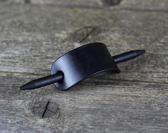 Handcrafted Leather Hair Slide: Black Wooden Stick Barrette