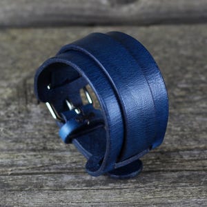 Handmade Blue Leather Cuff Bracelet: Italian Leather Rocker Style