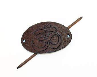 Leather hair barrette with Om symbol, Hair Pin, Yoga symbol, Om accessories, Great gift!