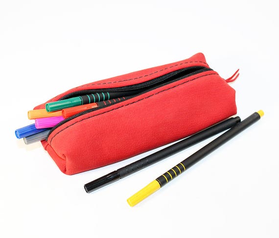 Leather Pencil Case Handmade Case Leather Pencil Pouch. Red Pencil