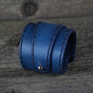 Handmade Blue Leather Cuff Bracelet: Unique Wrap Design
