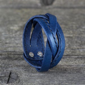 Handmade Blue Leather Cuff Bracelet: Braided Design