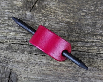 Handcrafted Violet Leather Hair Slide with Wooden Stick