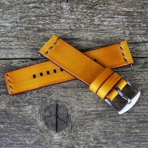 Handmade Yellow Leather Watch Strap: 18-24mm Stainless Steel Buckle