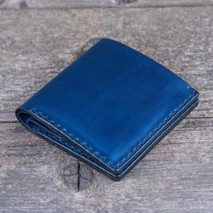 Handgemaakte blauwe leren portemonnee: creditcardhouder, herencadeau