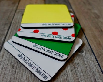 Tour De France Jersey Coaster Set - 6mm High Quality Coasters - Cycle - Bike - Yellow - Polka Dot - White - Green - King Of The Mountains