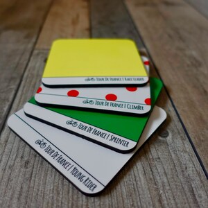 Tour De France Jersey Coaster Set - Posavasos de alta calidad de 6 mm - Ciclo - Bicicleta - Amarillo - Lunares - Blanco - Verde - Rey de las Montañas