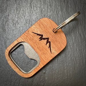 Wooden Mountains Key Ring Bottle Opening - Stainless Backed - Beautiful Adventure Gift - Hiking Gift