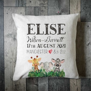 Personalised Jungle Animal Birth Detail Cushion Cover - New Baby Gifts - Birthday Gift - Newborn Gifts - Christening Gift - Baptism Gift