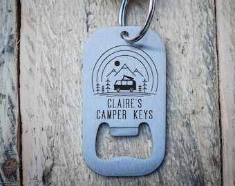 Personalised Line Art Camper Stainless Steel Key Ring Bottle Opener Key Ring - Vanlife - Campervan