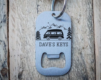 Personalised Camper Bottle Opener Keyring | Stainless Steel Campervan Gift | Vanlife Key Ring