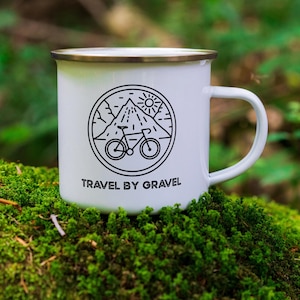 Travel By Gravel Tin Camper Mug - Enamel Bike Packing Mug