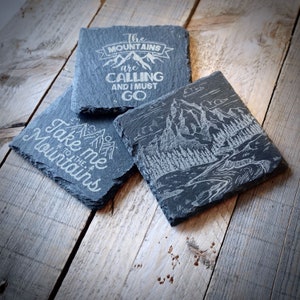 Juego de posavasos de pizarra de montaña - Regalos de montaña - Posavasos de aventura - Regalos de montaña