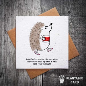 Carte à planter de coureur de marathon de bonne chance | Carte de course hérisson, papier de graines de fleurs sauvages respectueux de l'environnement, motivation le jour de la course, carte de coureur