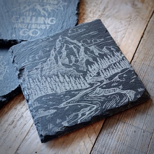 Mountains Sketch  Riven Slate Coaster - Mountain Gifts - Adventure Coaster - Mountain Coaster