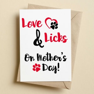Amor y lamidas en la tarjeta del día de la madre / Tarjeta del día de la madre del perro / Tarjetas para el dueño del perro / Tarjeta del día de la madre para los amantes de los perros