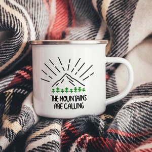 The Mountains Are Calling And I Must Go Line Art Enamel Camper Mug - Backpacking Mug - Adventure Mug