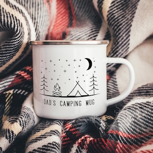 Dad&#39;s Camping Mug Line Art Enamel Mug |  Camp Tin Mug | Father&#39;s Day Camping Gift