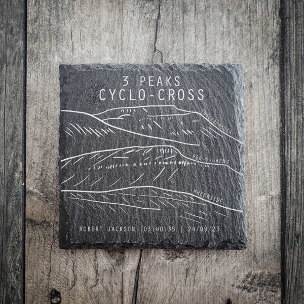 3 Peaks Cyclo-Cross Personalised Slate Coaster - Three Peaks Cross Coaster -  Ingleborough, Whernside, Pen-y-ghent