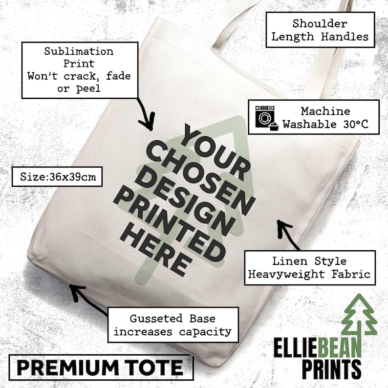 Puede incluir: Un bolso tote de color crema con asas al hombro y base reforzada. El bolso cuenta con impresi&oacute;n por sublimaci&oacute;n, mide 36x39cm y est&aacute; hecho de tela pesada estilo lino. Es lavable a m&aacute;quina a 30&deg;C y muestra el texto YOUR CHOSEN DESIGN PRINTED HERE.