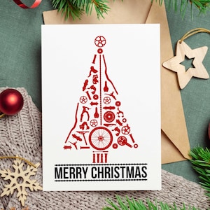 Piezas de bicicleta Árbol de Navidad Tarjeta de felicitación en blanco - Regalo de bicicleta - Tarjeta de Navidad de ciclismo - Ciclista - En blanco - Navidad en bicicleta -Regalo de ciclismo