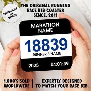 Personalised Race Bib Coaster Match Any Race Bib (See Example Images) Marathon Running Gift 10k 5k - Runners Gifts