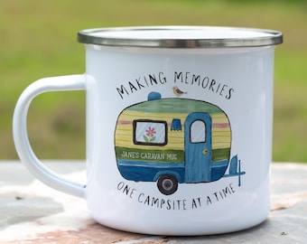 "Wohnwagen-Tasse - Individuelle ""Wohnwagen"" Emaille-Tasse ""Making Memories One Campsite at a Time"" | Emaille Wohnwagen Becher